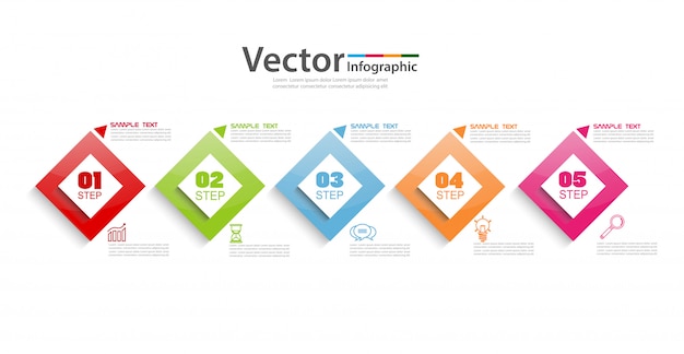 Business infographics with colorful squares and five steps