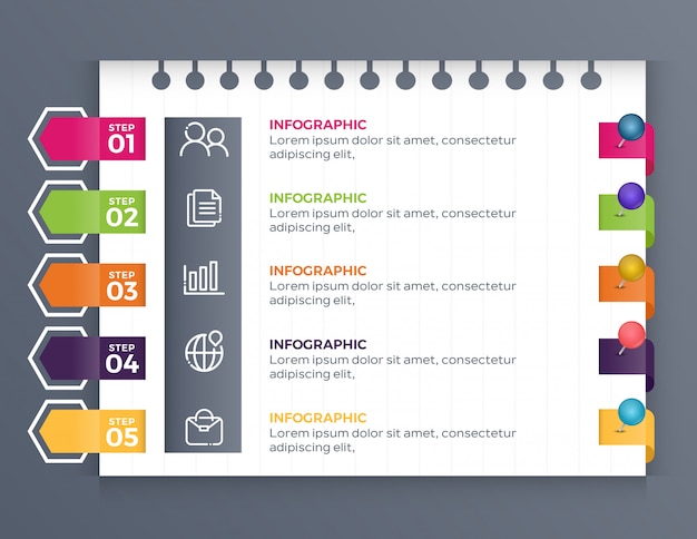 Infografica di affari con cinque passaggi di opzioni in carta