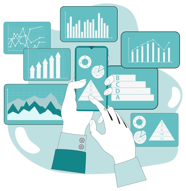 Business informationA businessman uses his smartphone to study infographics