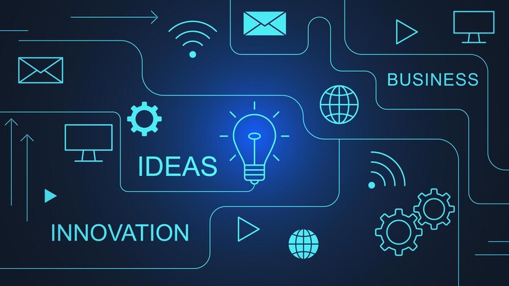 वेक्टर business innovation, new ideas, technology and creativity on glowing blue effect background.