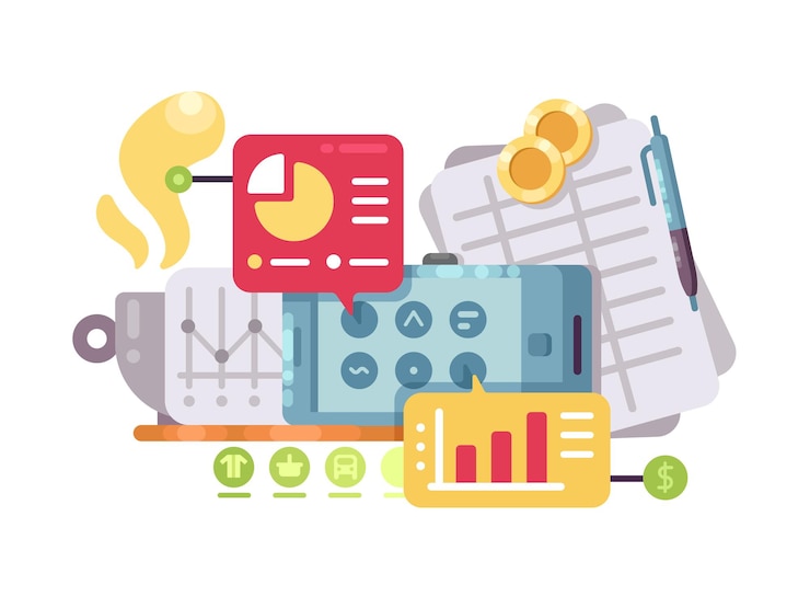 Vector business intelligence and analysis. statistics graphs and charts. vector illustration 