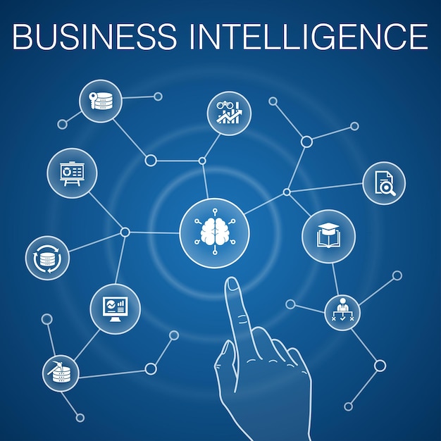 Business intelligence concept blue background data mining knowledge visualization decision icons