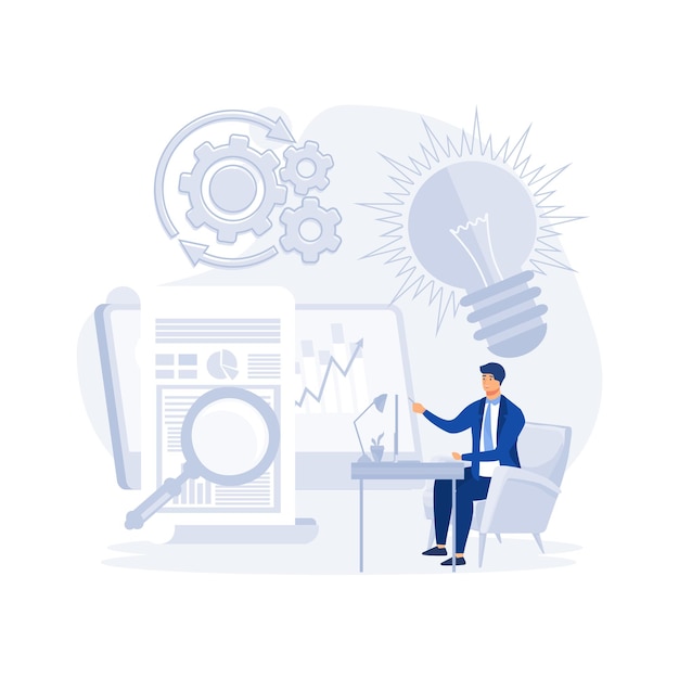 Business intelligence concept businessman working with various items and symbols flat vector modern illustration