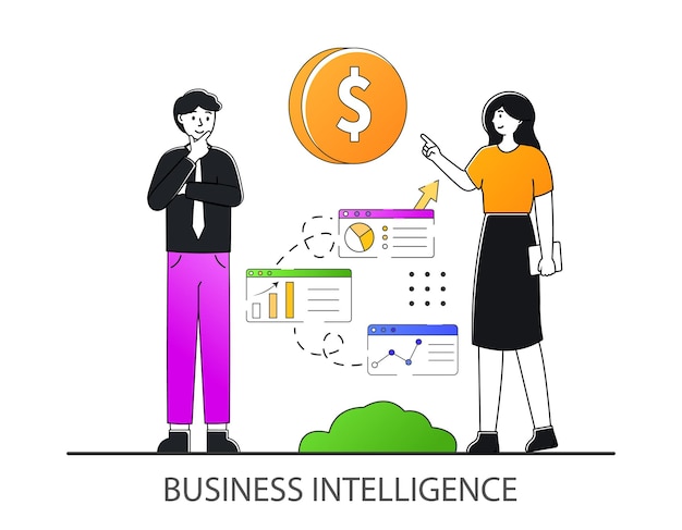 Premium Vector | Business intelligence concept illustration two people  thinking about money and find solution outline style concept