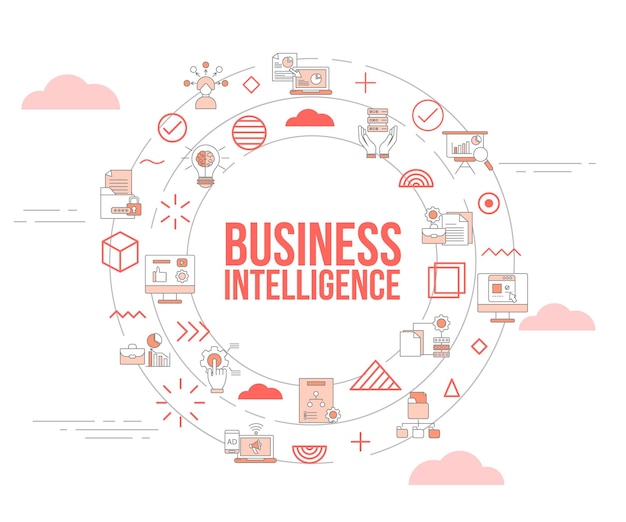 Business intelligence concept met icon set sjabloon banner en cirkel ronde vorm