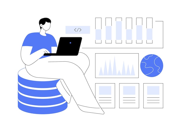 Vettore illustrazione vettoriale del concetto astratto dello sviluppatore di business intelligence programmazione dello sviluppatore bi sistemi di reporting tecnologia it trasferimento dati metafora astratta dell'apprendimento automatico dei big data