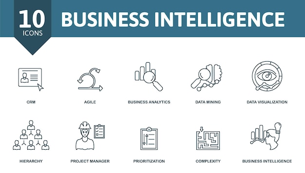 business intelligence icon set collection of simple elements such as the crm agile business analytics data mining complexity project manager business intelligence