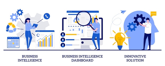 Business intelligence, dashboard di intelligenza, concetto di soluzione innovativa con persone minuscole. set di strumenti per le prestazioni e soluzioni software. analisi dei dati, kpi.