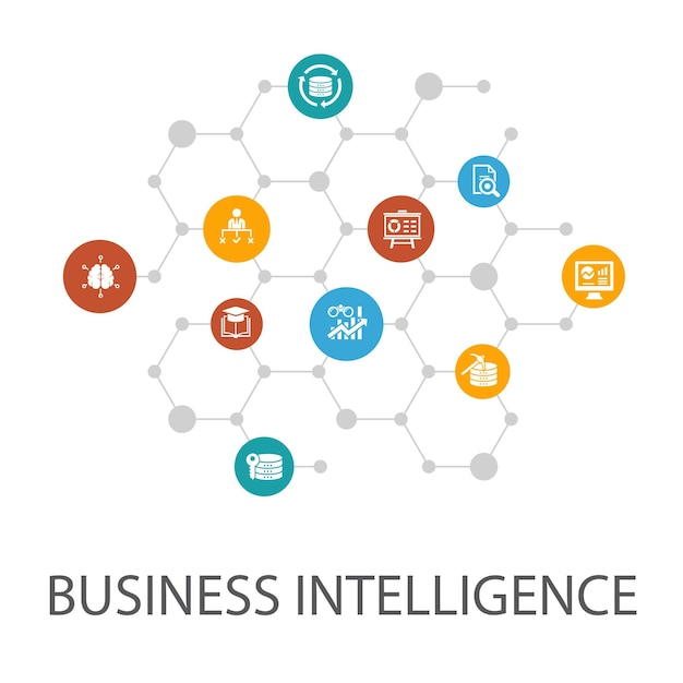 Business intelligence presentation template cover layout and infographics data mining knowledge visualization decisionicons