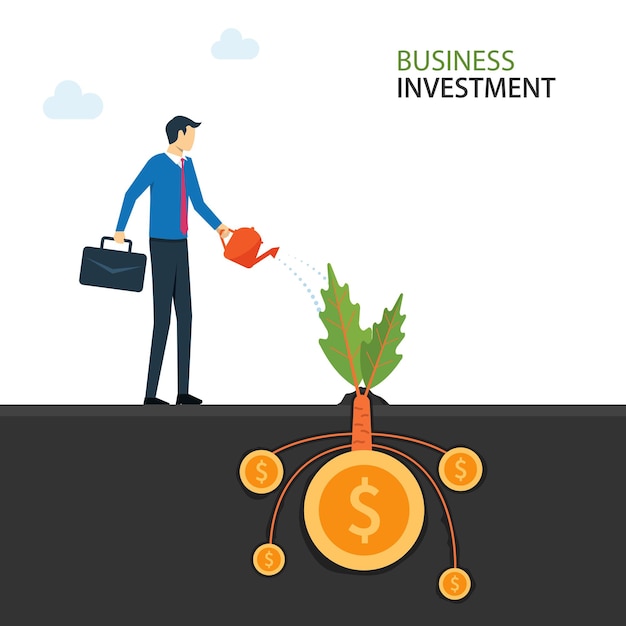 Business investment concept, Businessman watering money tree symbol illustration