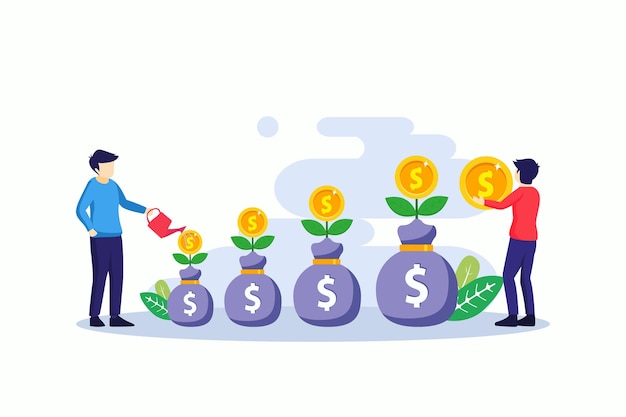 Business Investment concept People collecting coins money for growth their Investment flat vector