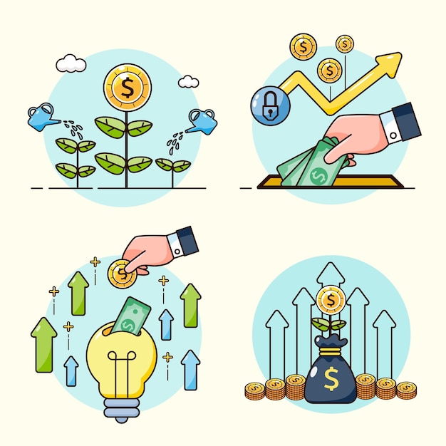 Business Investment and finance growth Return on investment ROI concept dollar plant coins graph and money bag