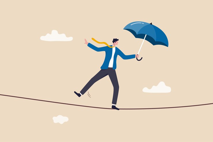 Vector business or investment risk protection, challenge, danger and difficulty to overcome to success in work and career concept, confident brave businessman ropewalker equilibrium walk on high tight rope.