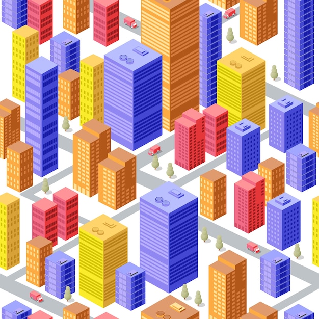 Vector business isometric city with many different houses, offices, skyscrapers, supermarkets and streets with traffic. seamless pattern