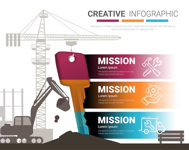 Chiave aziendale e retroescavatore nella progettazione infografica del cantiere