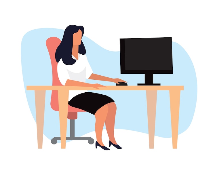 business lady accountant female cartoon characters in office working in computer sitting desk labor force support staff vector minimalistic flat hand drawn businesswoman