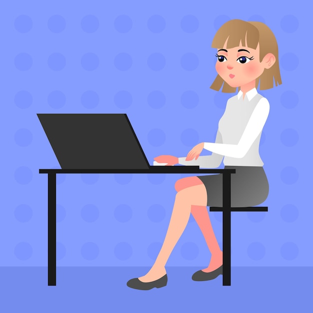 Vector business lady on a polka dot background workplace with laptop flat illustration