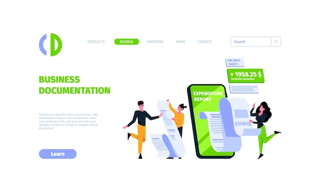 Business landing entrepreneurs subscribed business documents partnership characters garish vector web page template with place for text