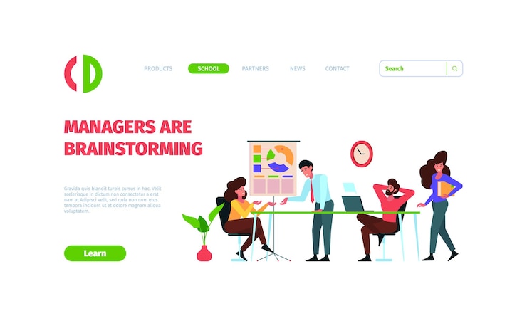 Vector business landing managers brainstorming dialogue active characters people dialogue business collaboration garish vector web page with place for text