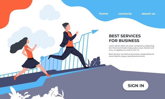 business landing page website interface design running people and symbol of finance indicators ui template with buttons and text web service for workflow organization vector mockup