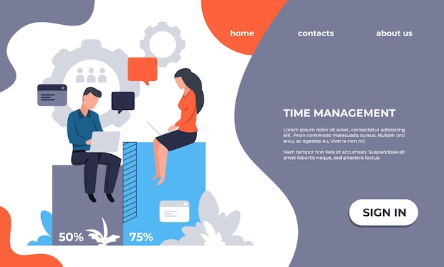Business landing page Website UI template Time management and workflow optimization Web service for effective organization work processes Vector interface with text and buttons