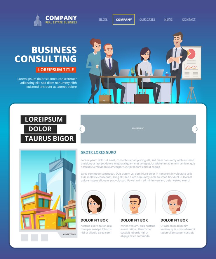 Vector business landing. project management web page layout marketing startup project people team speaking landing design