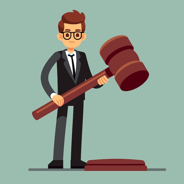 Vector business lawyer holding wooden judge gavel