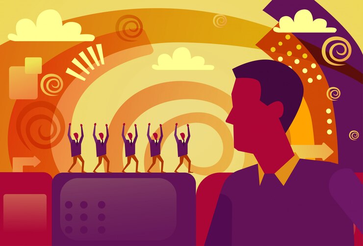 Vector business leadership concept businessman boss over cheerful group of businesspeople with raised hands