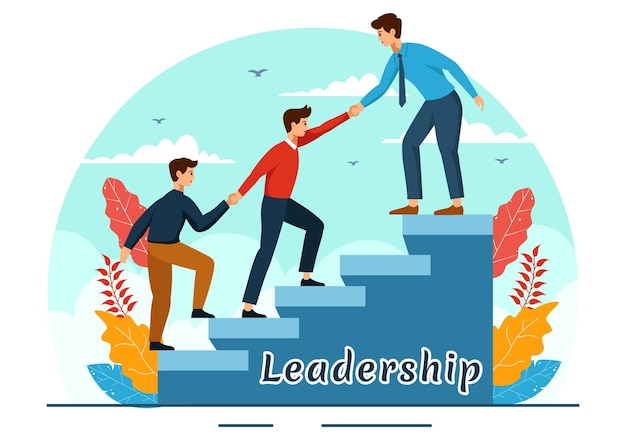 Business Leadership Vector illustratie met een zakenman leider helpen het team zich te ontwikkelen om succes te bereiken in een platte cartoon achtergrond