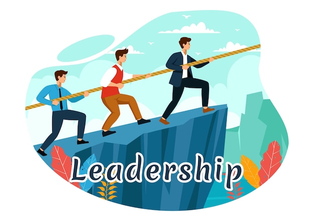 Business Leadership Vector illustratie met een zakenman leider helpen het team zich te ontwikkelen om succes te bereiken in een platte cartoon achtergrond