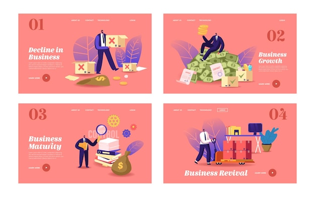 Набор шаблонов целевой страницы жизненного цикла бизнеса. персонаж бизнесмена достигает успеха от запуска проекта стартапа, развития, преодоления кризиса, тяжелой работы или богатства. мультфильм люди векторные иллюстрации