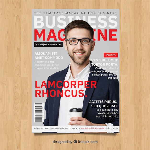 Vector business magazine cover template with model posing