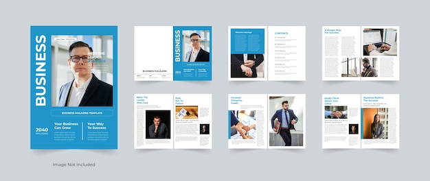 Business magazine layout template with blue and white accents