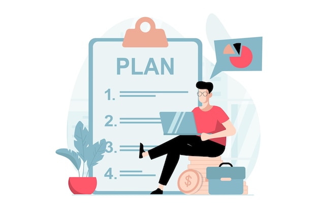 Vector business making concept with people scene in flat design businessman analyzes data and makes checklist with development plan and strategic tasks vector illustration with character situation for web