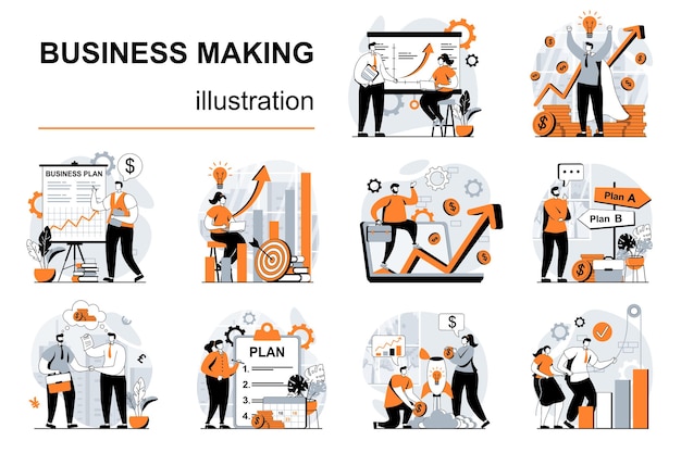 Business making concept with people scenes set in flat design vector illustration visual stories