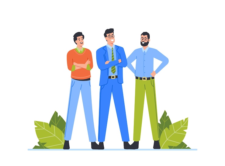 Vector business male characters in formal suits stand in confident pose with crossed arms businessmen team successful men