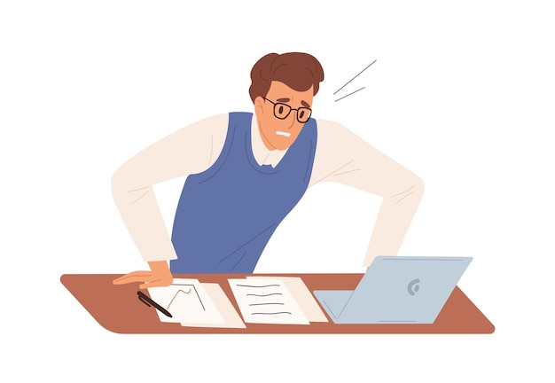 Vector business male feeling stress having problem at work vector flat illustration. man office worker worried looking at screen of laptop isolated. something went wrong. nervous guy at workplace.