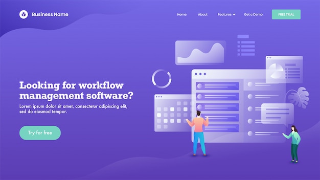 ビジネスの男性と女性は、ワークフロー管理ソフトウェアベースのランディングページのウェブサイトを紫色で維持しています。