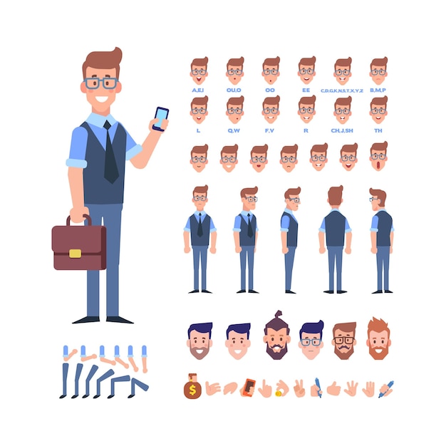 Business Man for animation with various hairstyles emotions lip sync and gestures