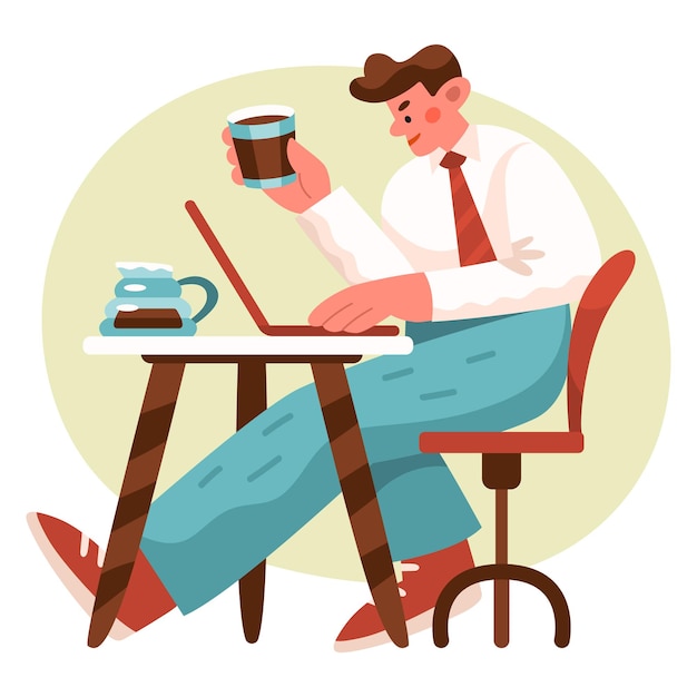 Vector business man in a cafe with a laptop