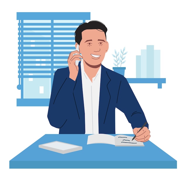 Vector business man on call writing notes in flat illustration