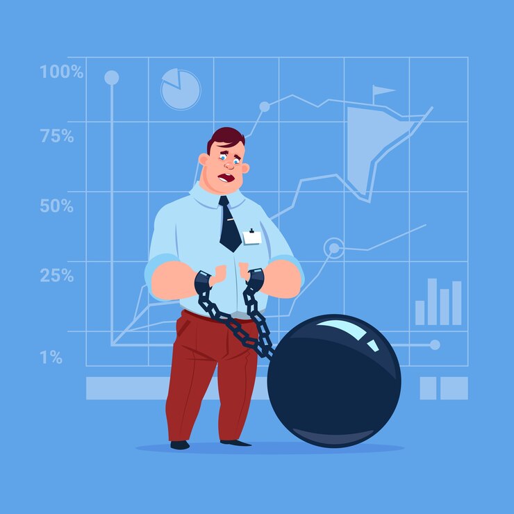 Vector business man chain bound hands credit debt finance crisis
