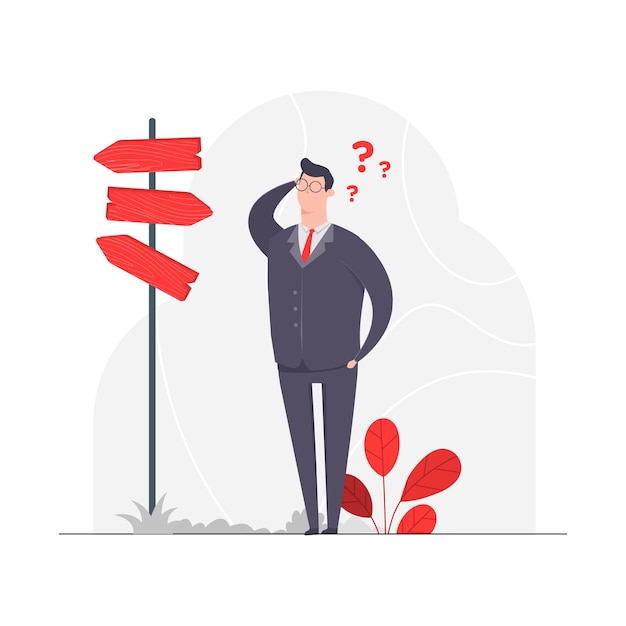 Vector business man character concept illustration lost the way direction confusing