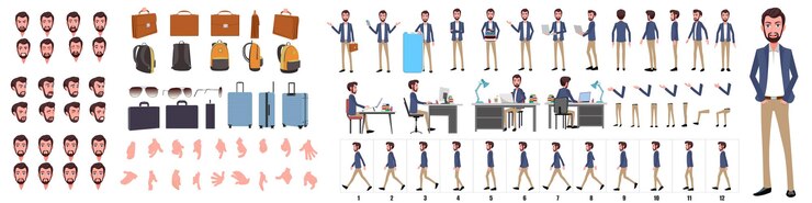 Business Man Character Design Model Sheet  Front side back view and Side walkcycle animation