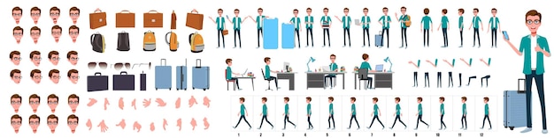 Business Man Character Design Model Sheet  Front side back view and Side walkcycle animation