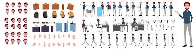 Business man character design model sheet voorzijde achteraanzicht en side walkcycle animatie