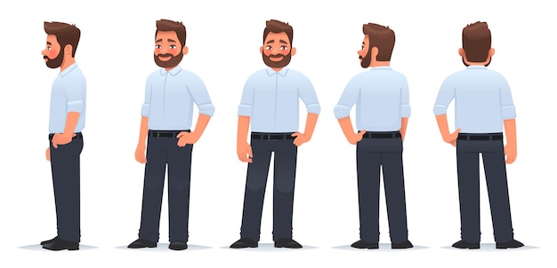 Vector business man character from different angles view from the front side and back guy is in a pose