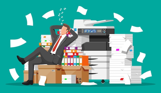Vector business man character sleep in bunch of papers