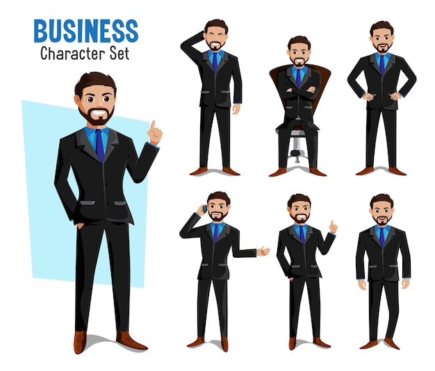 Business man character vector set businessman boss characters in standing and sitting pose