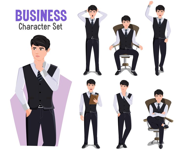 Vector business man character vector set businessman characters isolated in white background with thinking